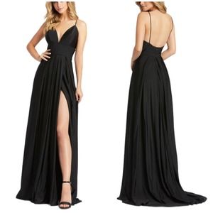 Mac Duggal NWT Ieena Plunge Neck High Slit Gown Size 8 Black Sleeveless Satin